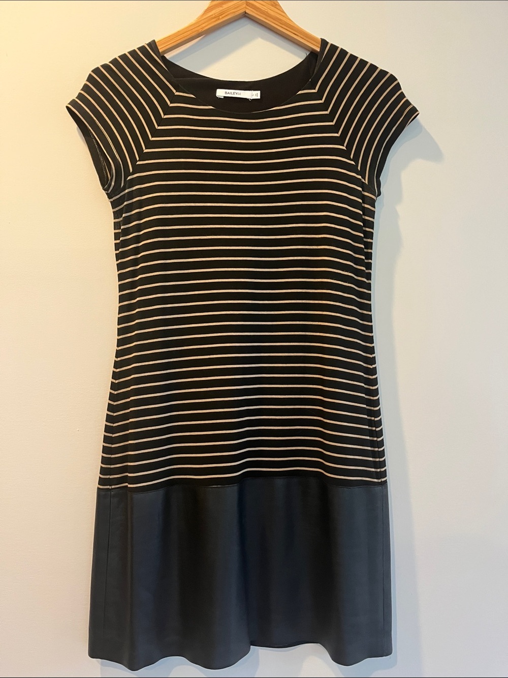 Bailey 44 Black and Cream Striped Cap-Sleeve Dress with Faux-Leather Hem